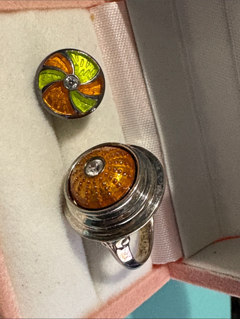 Sterling Silver Ring with Orange Enamel Dome and Accent Crystal Pops Sz 7 44A